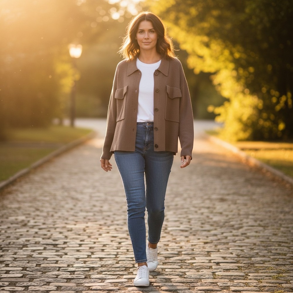 Margaret O'Leary Cardigan Women L Brown Cotton Knit Shacket Utility Pocket